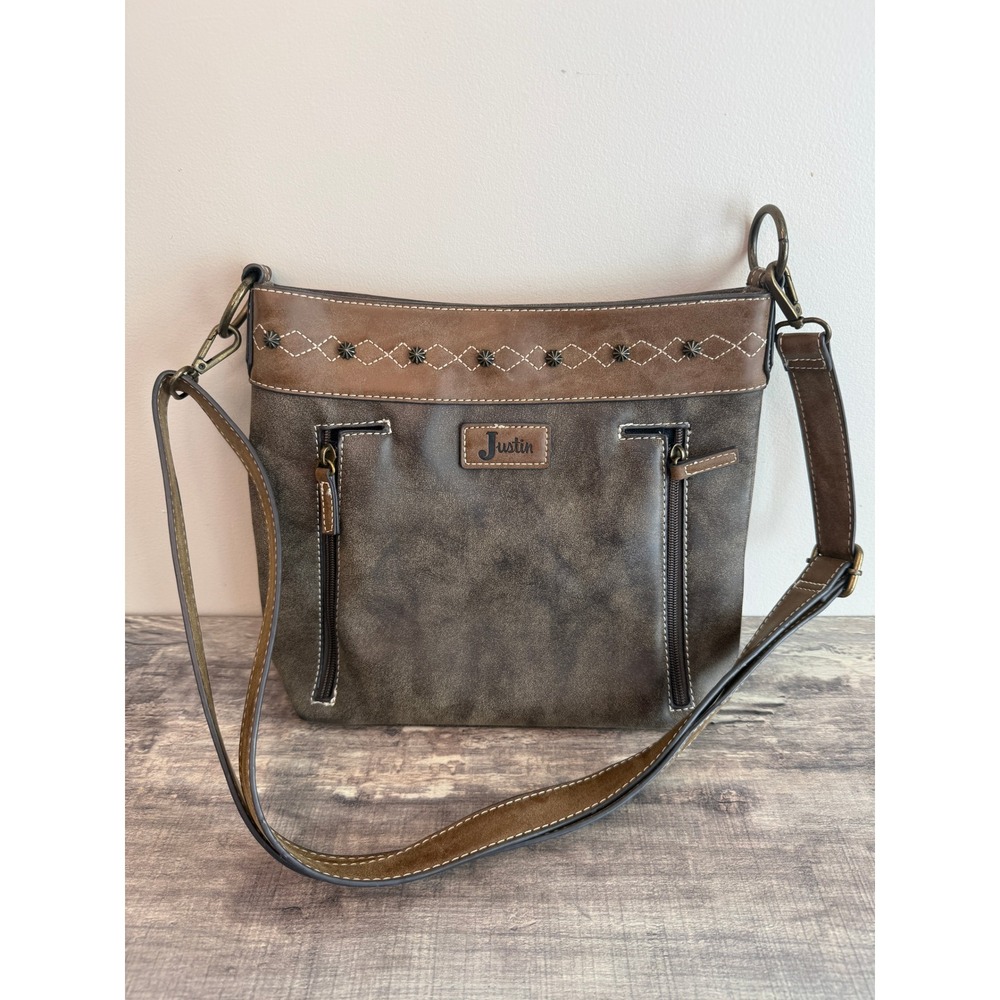 Justin Boots Womens Brown Faux Leather Conceal Carry Crossbody Bag Western Studs